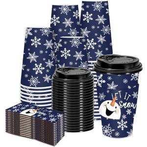 Whaline 50 Pcs Christmas Coffee Paper Cups Xmas Blue Snowman Snowflake Disposable Cups with Lids and Sleeves for Winter Holiday Party Supplies Hot Cold Drinks, 16 Oz
