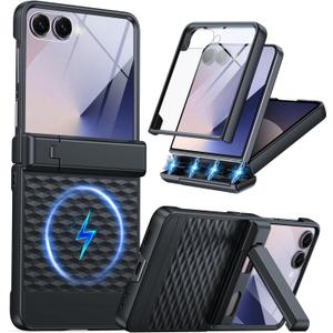 Magnetic for Samsung Galaxy Z Flip 7 Case [Hinge ProtectionKickstand][Compatible with MagSafe][Built-in Screen Protector] Full-Body Military Protection Phone Case for Samsung Z Flip 7 Black