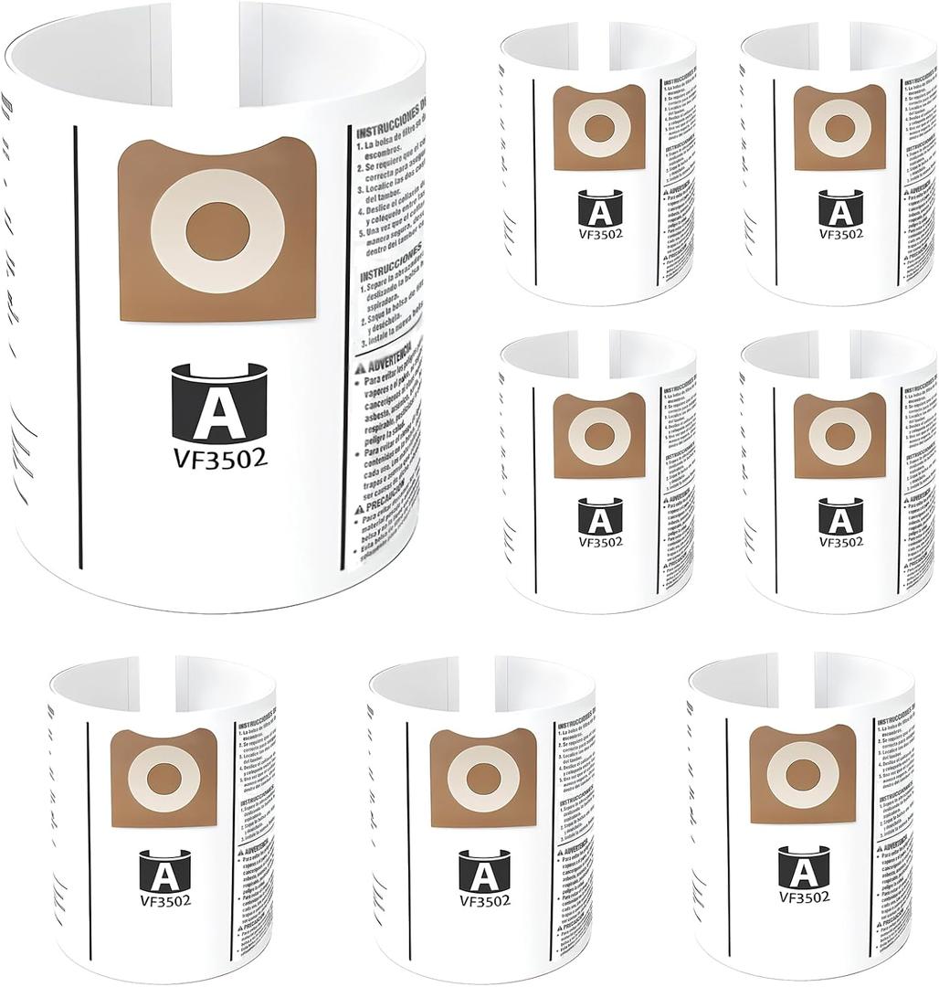 8 Pack VF3502 Vacuum Bags Fit For Rigid 12 to 16 Gallon Wet Dry Vacuum WD1950 WD1956 WD1850 WD1851 RV2400HF WD1450 WD1680 WD1270, High Efficiency Replacement Filter Bags, Part# 23743
