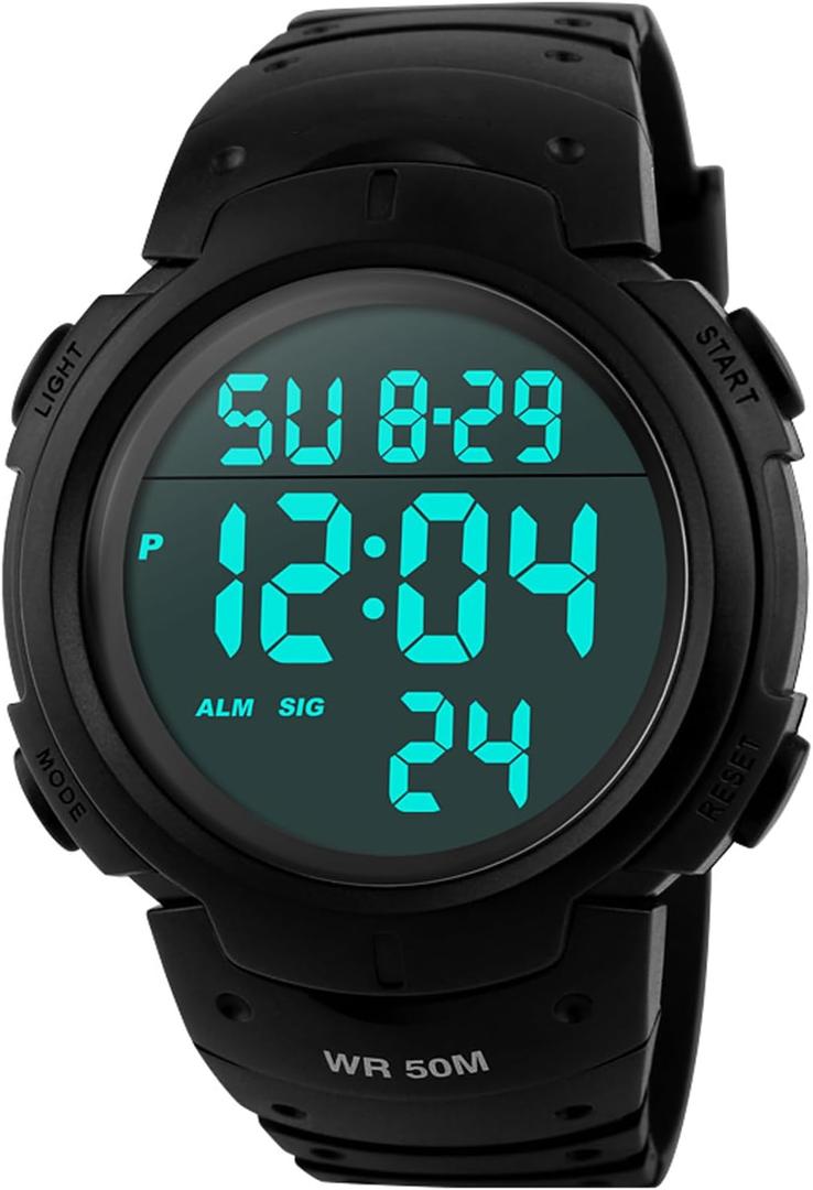 PASOY Mens Women Digital Watch Big Dial Light LED Swim Waterproof Rubber Band Alarm Black LED Watches 50MM