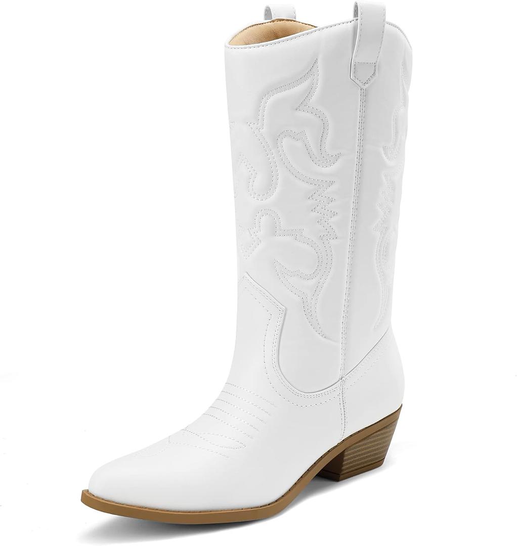 DREAM PAIRS Women's Cowboy Boots Pull On Cowgirl Boots Mid Calf Western Boots (White, 6.5)