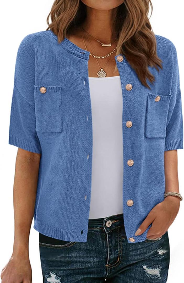 BTFBM Short Sleeve Cardigans for Women Button Up Sweaters Y2k Spring Summer 2025 Crew Neck Business Casual Work Clothes