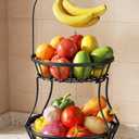 SAYZH 2Tier Fruit Basket Bowl Stackable Vegetable Storage with Banana Tree Hanger Stand for Kitchen Countertop, Metal Wire Basket for Bread Onions Potatoes Black