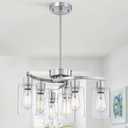 6-Light Modern Chandelier, Brushed Nickel Dining Room Light Fixture, Farmhouse Industrial Chandelier Hanging Over Table, Height Adjustable Pendant Lighting for Kitchen Island Foyer, Clear Glass Shade