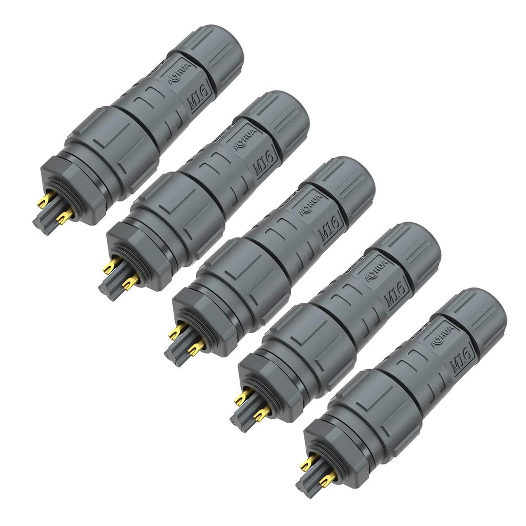 AOHUA IP68 Waterproof Connector (5-Pack), M16 2-Pin Industrial/Aviation Connector, (300V/10A) Male Plug & Rear Female Panel Mount for Outdoor Electrical Wire Range 4.5-7.5mm, CE, UL, TUV, ROHS