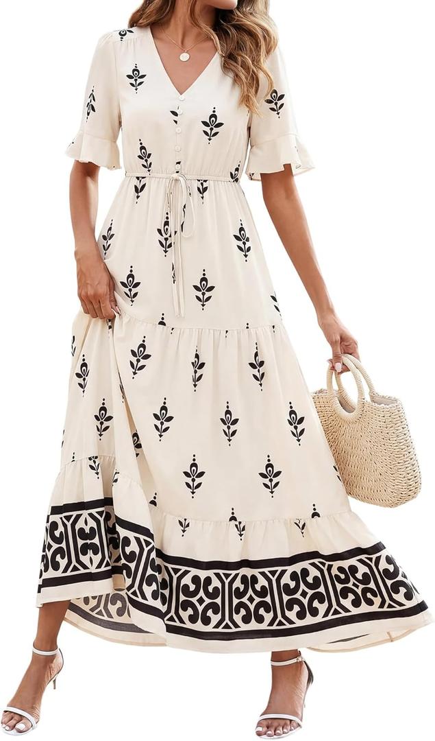 BTFBM Boho Dresses for Women 2026 Summer Spring Casual Floral Short Sleeve V Neck Flowy A-Line Maxi Party Dress Pockets(Floral Apricot Black, Small)
