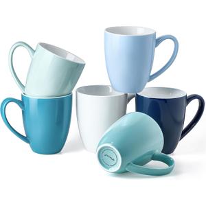 Porcelain Coffee Mugs Set of 6, 13 Ounce Coffee Cups with Handle, Ceramic Tea Mugs for Latte, Hot Tea, Cappuccino, Mocha, Cocoa, Blue Assorted Colors Mug Gift Set, Dishwasher and Microwave Safe