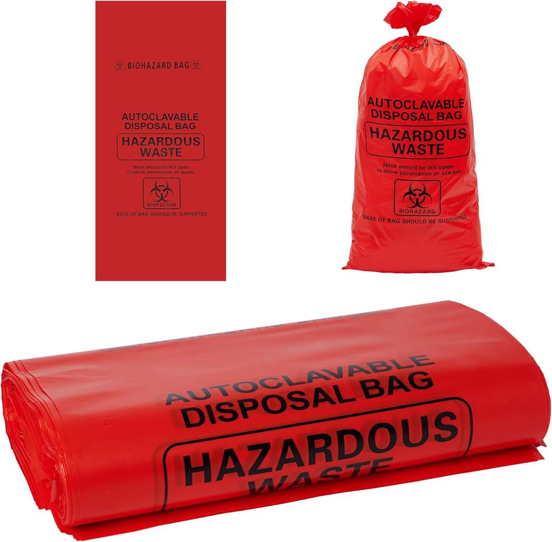 GUDGI 2-4 Gallon Red Polypropylene Biohazard Disposal Bags with Warning Label/ Sterilization Indicator, 24" x 12" x 12"x 3 mil(100 Pcs/ Pack)