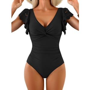 Aidonger Women's One Piece Swimsuit Tummy Control Ruffle Bathing Suit Slimming Cutout Twist Swimwear Black L