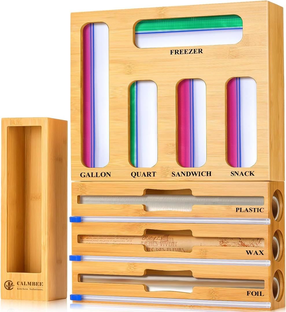 Calmbee 9 IN 1 Storage Bag Organizer for Kitchen Drawer, Bamboo Foil and Plastic Wrap with Cutter, Organizers Compatible Gallon, Quart, Sandwich Snack Size (Natural)