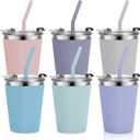 MultiOutools 6 Pack Kids Cups with Straws and Lids, 12oz Unbreakable Stainless Steel Cups with Lids and Straws for Kids, Toddler Cups Spill Proof for Cold Drinks & Hot Drinks, Multicolor (Pink, Dark Gray, Gray, Blue, Green, Purple)