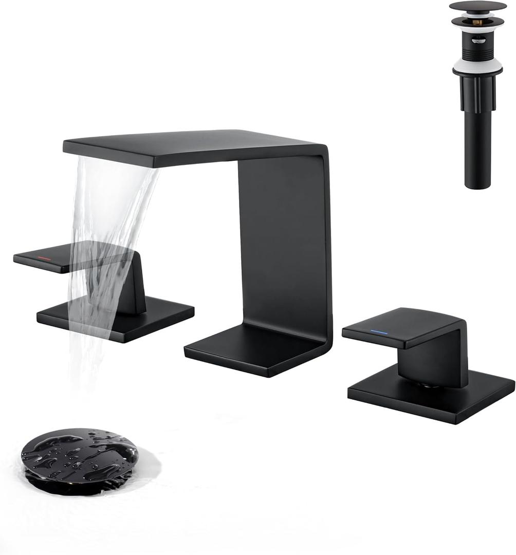 Bathroom Faucets for Sink 3 Hole - 8 Inch Waterfall Bathroom Sink Faucets with Metal Pop-up Drain and Supply Lines, Modern Widespread Elegant Faucet, P3009B (Matte Black)