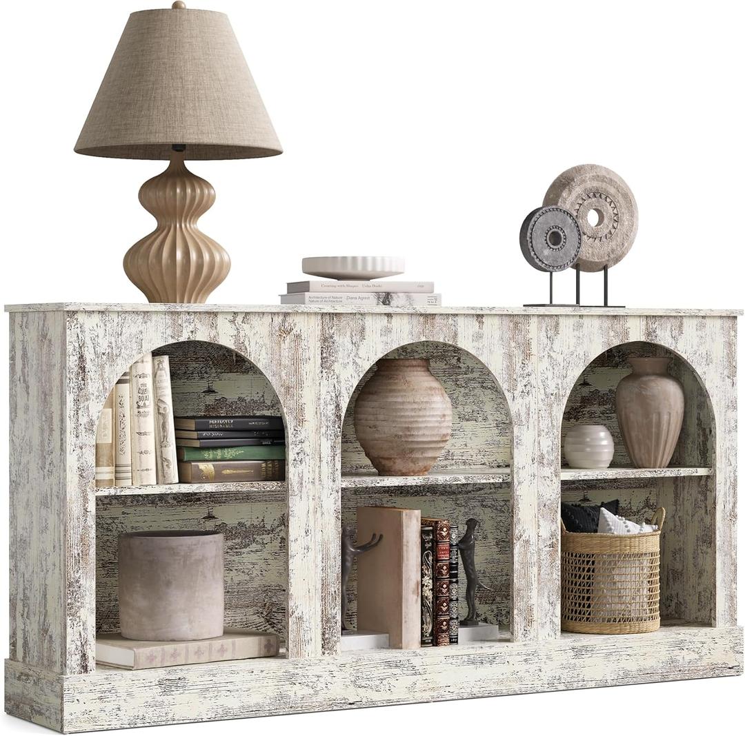 LITTLE TREE 63" Modern Console Sofa Table with 3-Tier Storage, Wooden Rectangular Foyer Table, for Entrance, Hallway, Living Room, Retro White