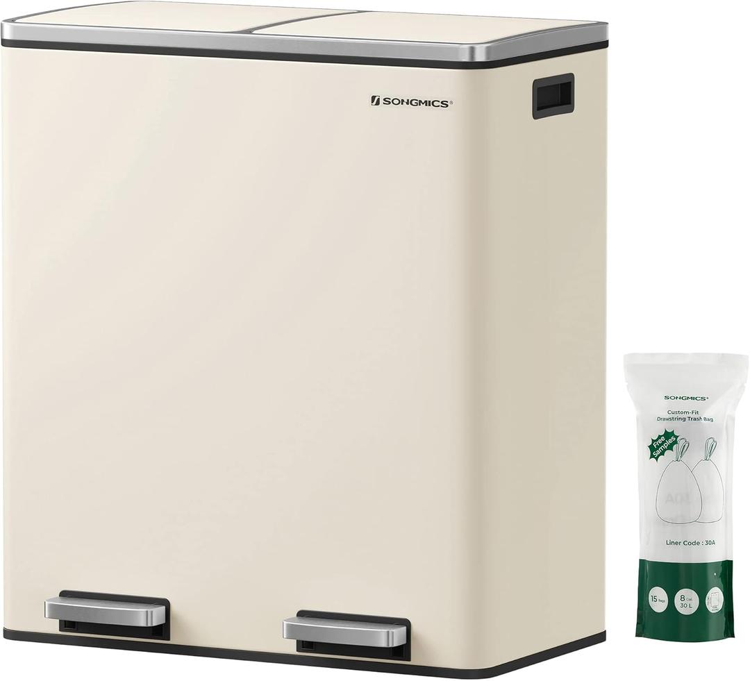 SONGMICS Trash Can, 2 x 8 Gallon (2 x 30 L) Garbage Can for Kitchen, with 15 Trash Bags, 2 Compartments, Plastic Inner Buckets and Hinged Lids, Airtight, Almond Color ULTB201A01