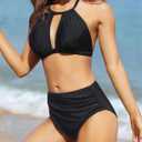 Tempt Me Women Two Piece High Waisted Bikini Swimsuit Ruched Tummy Control Bottoms Keyhole Bathing Suits (Black, L)