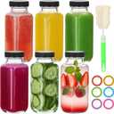 8 oz Glass Juice Bottles with Lids,6 PACK Bottles for Juicing,Square Drinking Jars Glass for Coffee,Cola,Milk,Tea in Travel,Work,School