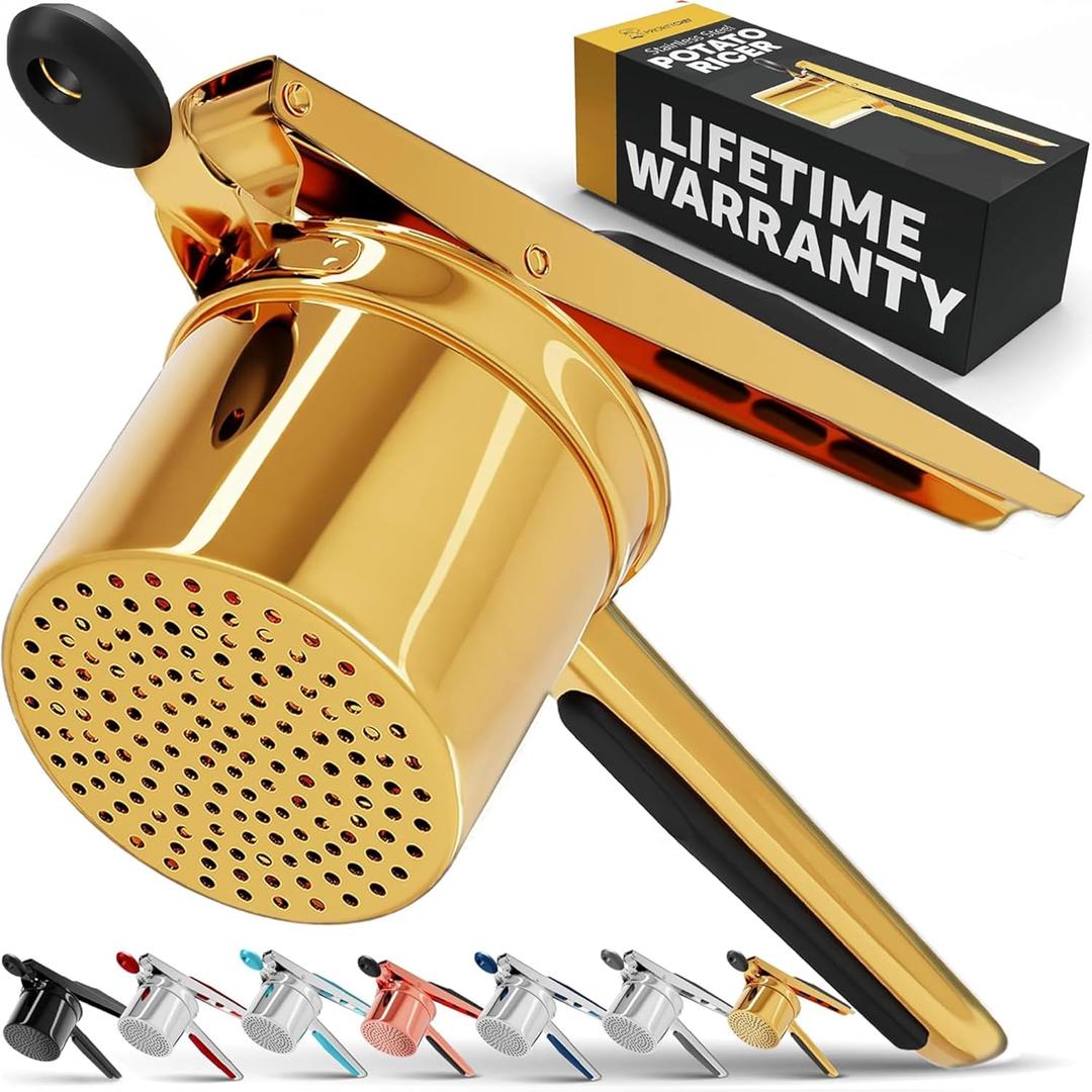 PriorityChef Large 15oz Potato Ricer, Heavy Duty Stainless Steel Potato Masher and Ricer Kitchen Tool, Press and Mash Kitchen Gadget For Perfect Mashed Potatoes - Everytime, Gold and Black (Fixed Disc)