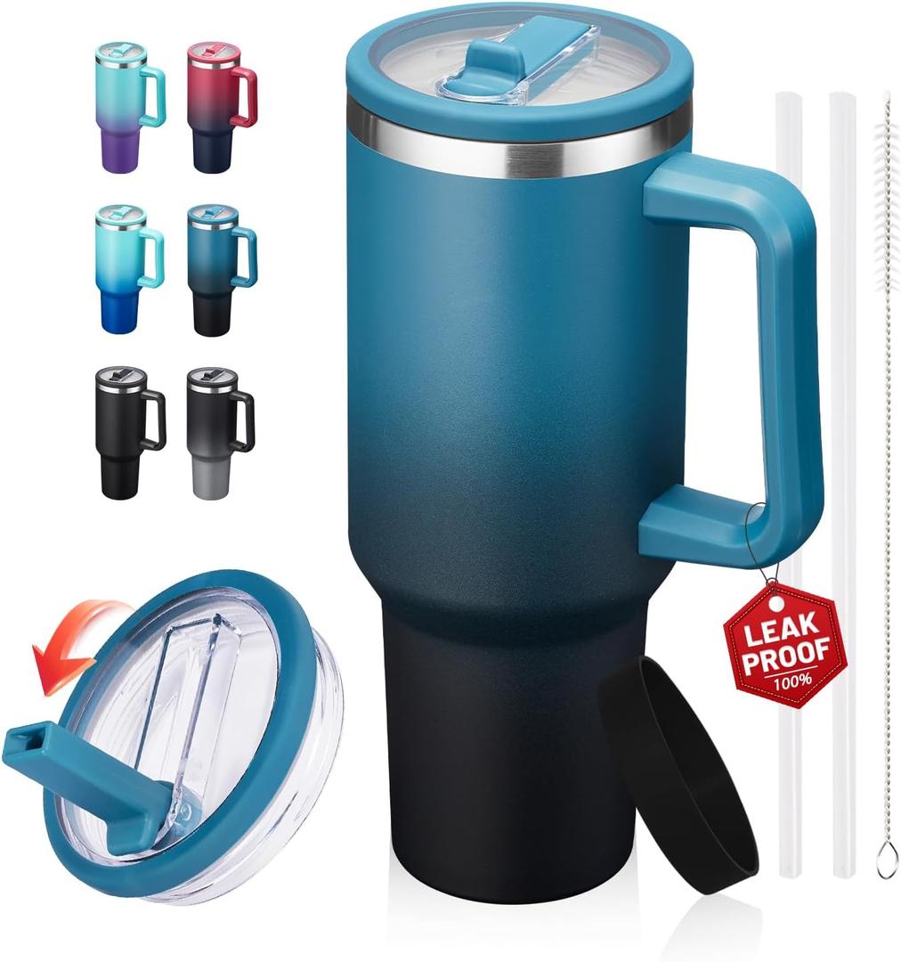 40 oz Leak-Proof Travel Tumbler with Handle & Flip Straw - Insulated Stainless Steel Mug Keeps Drinks Cold 34 Hours & Hot 10 Hours, Water Bottle Fits Car Cup Holder for All-Day Hydration at Work, Gym Indigo Black, 40 Ounces