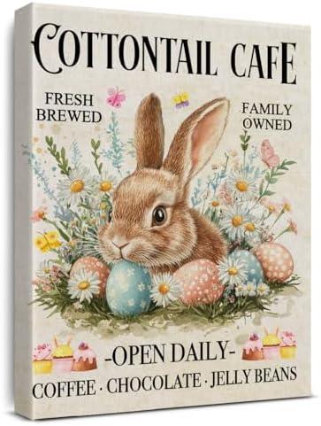 Easter Bunny Cafe Canvas Wall Art Framed 8x10, Vintage Rabbit Poster Prints for Coffee Station Bar Bakery Home Kitchen Decoration