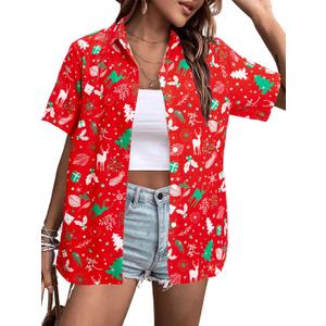 Christmas Shirt Women Hawaiian Button Down Shirts Vintage Christmas Graphic Short Sleeve Button Up Tops (Medium, Red)