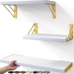 BAYKA Wall Shelves for Bedroom Decor, Floating Wall Shelves for Living Room Kitchen Storage, Wall Mounted Rustic Wood Shelves for Kids Books,Corner Shelves for Bathroom(White and GoldSet of 3)
