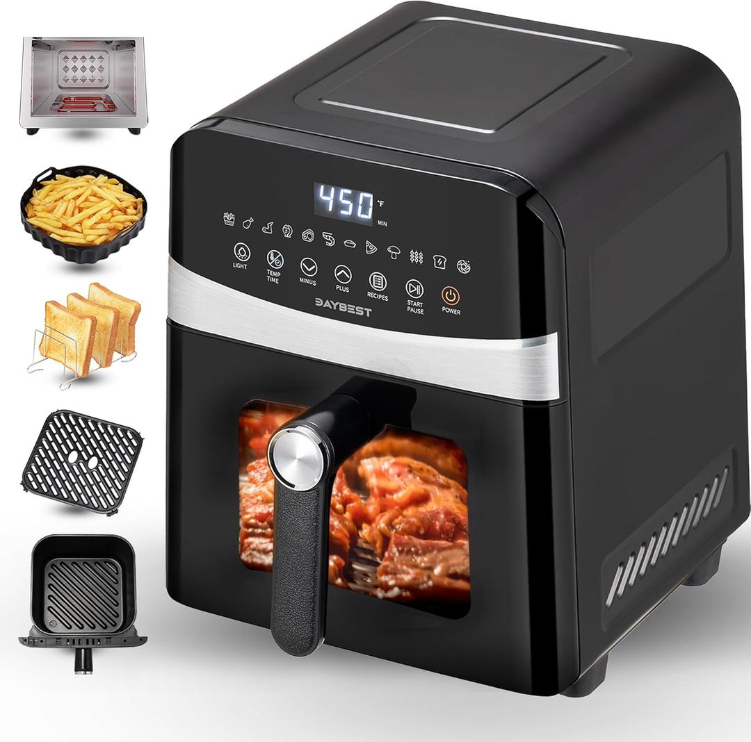 Ceramic Air Fryer Stainless Steel Shell Compact 6 QT for Small Family, DAYBEST Max 450F 12-in-1 Metal Airfryer Dual Heats 1700W with Window, Dishwasher Safe Accessories (Black)