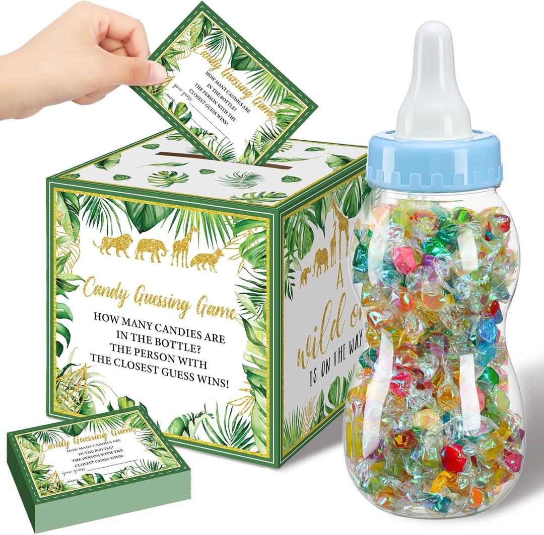 Glenmal 52 Pcs Baby Shower Games Gift Sets Large Baby Bottle for Shower Game Guess How Many Candies Decorations for Gender Reveal(Safari Jungle Animal)