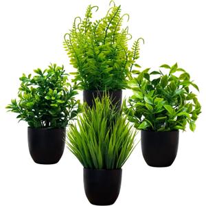 4 Pack Artificial Plants in Black Pot - Fake Mini Potted Plants with Eucalyptus & Fern - Faux Plants for Home, Bathroom, Office, Indoor Decor