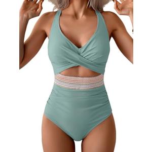 B2prity One Piece Swimsuit for Women Tummy Control V Neck Bathing Suit Color Block High Waisted Cutout Swimwear L 