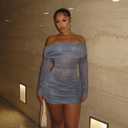 Women Sexy Off Shoulder Bodycon Mini Dress Mesh Sheer Ruched Sparkly Flared Long Sleeve Y2K Dress Club Night Out Dresses (Gray, M)