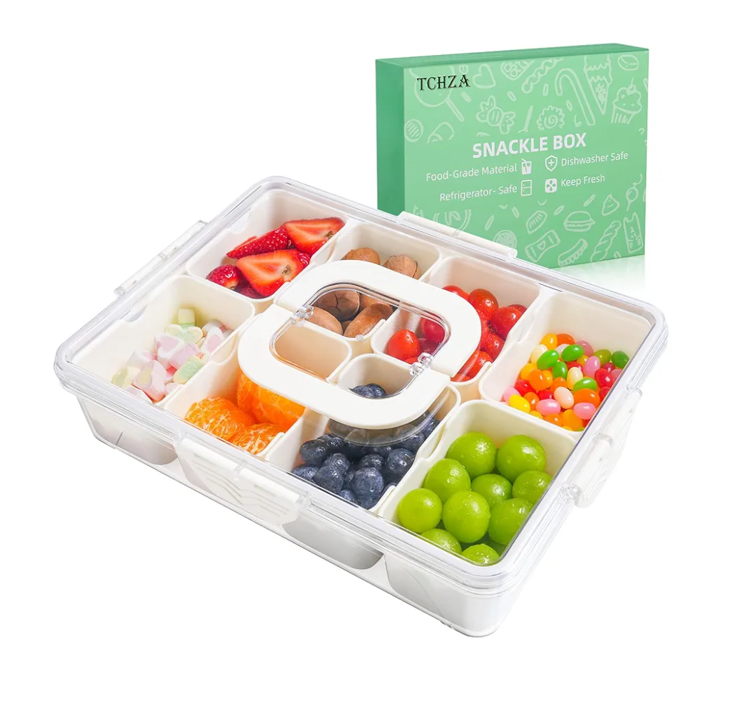 Snackle Box Container, Dishwasher Safety - Divided Serving Tray with Lid and Handle, Charcuterie Board for Portable Snack Platters - Clear Organizer for Fruits Snacks,Perfect for Road Travel
