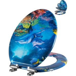 Angol Shiold Soft Close Wood Toilet Seat ELONGATED, Quiet and Slow Close Lid and Seat, Quick Release Easy Installation & Clean Hinges(18.5-inch, Blue Ocean Dolphins Family)