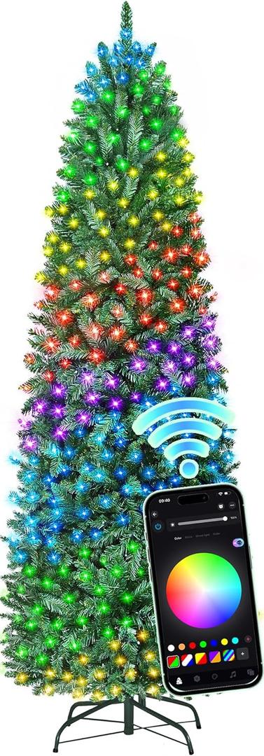 HOLLO STAR 6 ft Prelit Christmas Tree with 247 LED Lights, App Control, Artificial Pencil Christmas Tree with Multi-Color RGBW Lights, 715 Branch Tips, Skinny Xmas Tree, Metal Base, for Home, Party
