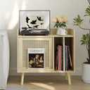 Semiocthome Record Player Stand with Vinyl Storage, Record Player Table with Rattan Cabinet Door, Vinyl Record Holder with Display Area, Side Table with Solid Wood Legs for Turntables for Living Room