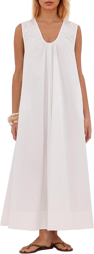 Women Flowy Maxi Dress Ruched Sleeveless Long Dress Vacation Fashion Summer Casual Loose Fit Sundress with Pockets (Medium, White)