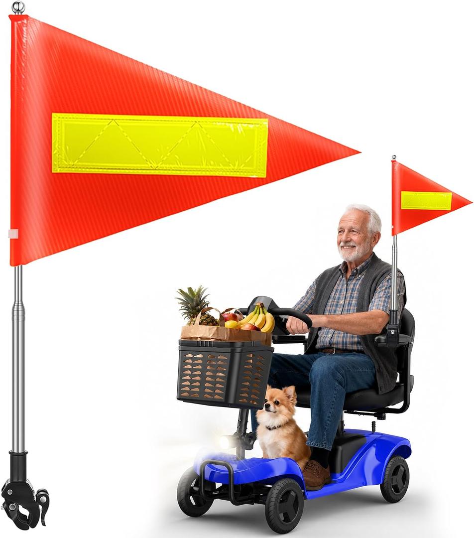 Orange Warning Flag with Reflective Strip and 5.3 Feet Retractable Pole,Orange Safety Flag Suitable for Mobility Scooter, Bike and Wheelchairs,Set with Pole and Mount