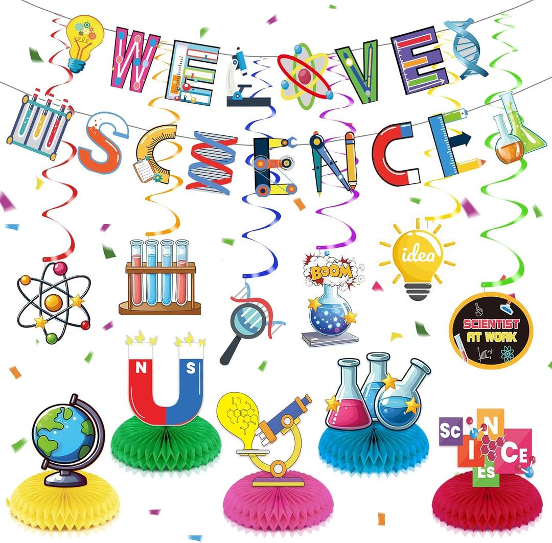 Science Party Decor - Honeycomb Centerpieces, Banners, Mad Science Theme for Kids' Birthdays & Classroom Events