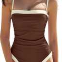 QINSEN Women's One Piece Swimsuit Color Block Tummy Control Bathing Suit Vintage Square Neck Spaghetti Straps Swimwear, Size: Medium