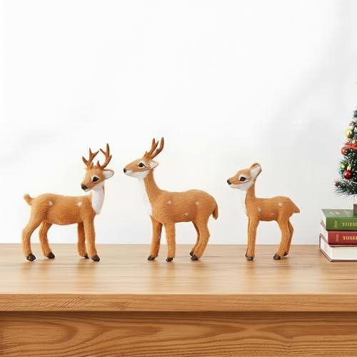 SunArtHome Reindeer Decor 3 Pcs Christmas Reindeer Decorations, Festive Holiday Decorations, Rustic Elk Ornaments, Handcrafted Tabletop Decor for Home, Office, Fireplace, Mantle (Yellow)