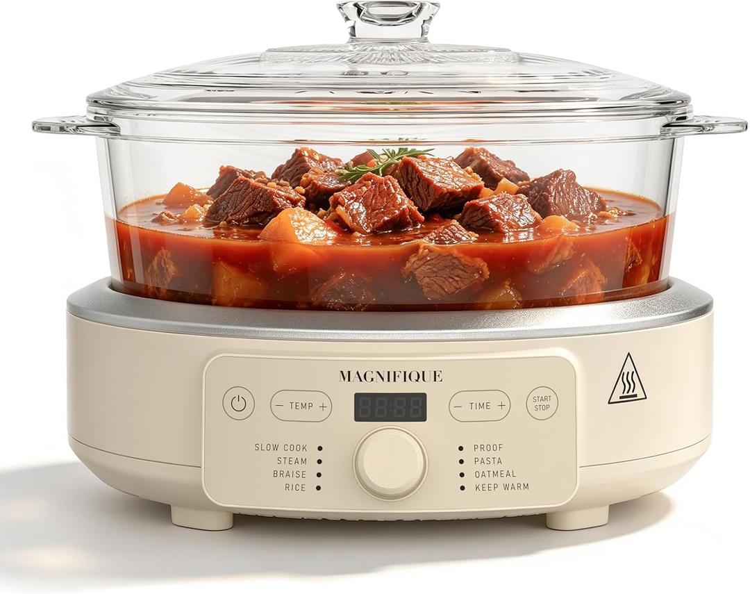 5 Quart Glass Pot Multi-Cooker, with 8-in-1 Casserole Programmable Round Slow Cooker, Dutch Oven, Pasta, Nonstick Oven Safe Pot to 450°F, Oatmeal