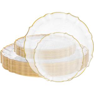 bUCLA 40PCS Clear and Gold Plastic Plates - Fancy Lace-Edge Clear Plates with Gold Trim Hammered Disposable - Include 20 Each(Dinner&Dessert) for Party & New Year