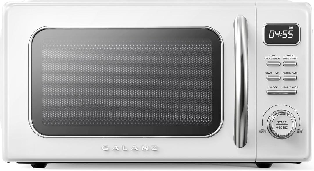 Galanz GLCMKZ11WER10 Retro Countertop Microwave Oven with Auto Cook & Reheat, Defrost, Quick Start Functions, Easy Clean with Glass Turntable, Pull Handle 1.1 Cu. Ft, White