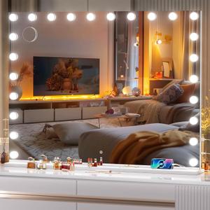 Vanity Mirror with Lights, 47" x 35" Hollywood Mirror, Makeup Mirror with 24 Dimmable Bulbs and 5X Magnification, 3 Colors Modes, Touch Control, USB and Type-C, Tempered Glass (Square White)