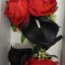 Red Rose Wrist Corsage Wristlet Band Bracelet and Men Boutonniere Set with Black Calla Lily for Wedding Flower Accessories Prom Suit Decorations