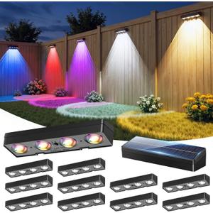 JOFIOS Fence Lights Solar Powered 12 Pack, Warm White, Cool White and RGB Color Glow LED Solar Lights Outdoor, IP65 Waterproof Solar Fence Lights for Patio, Backyard, Railing, Deck and Wall (Black)