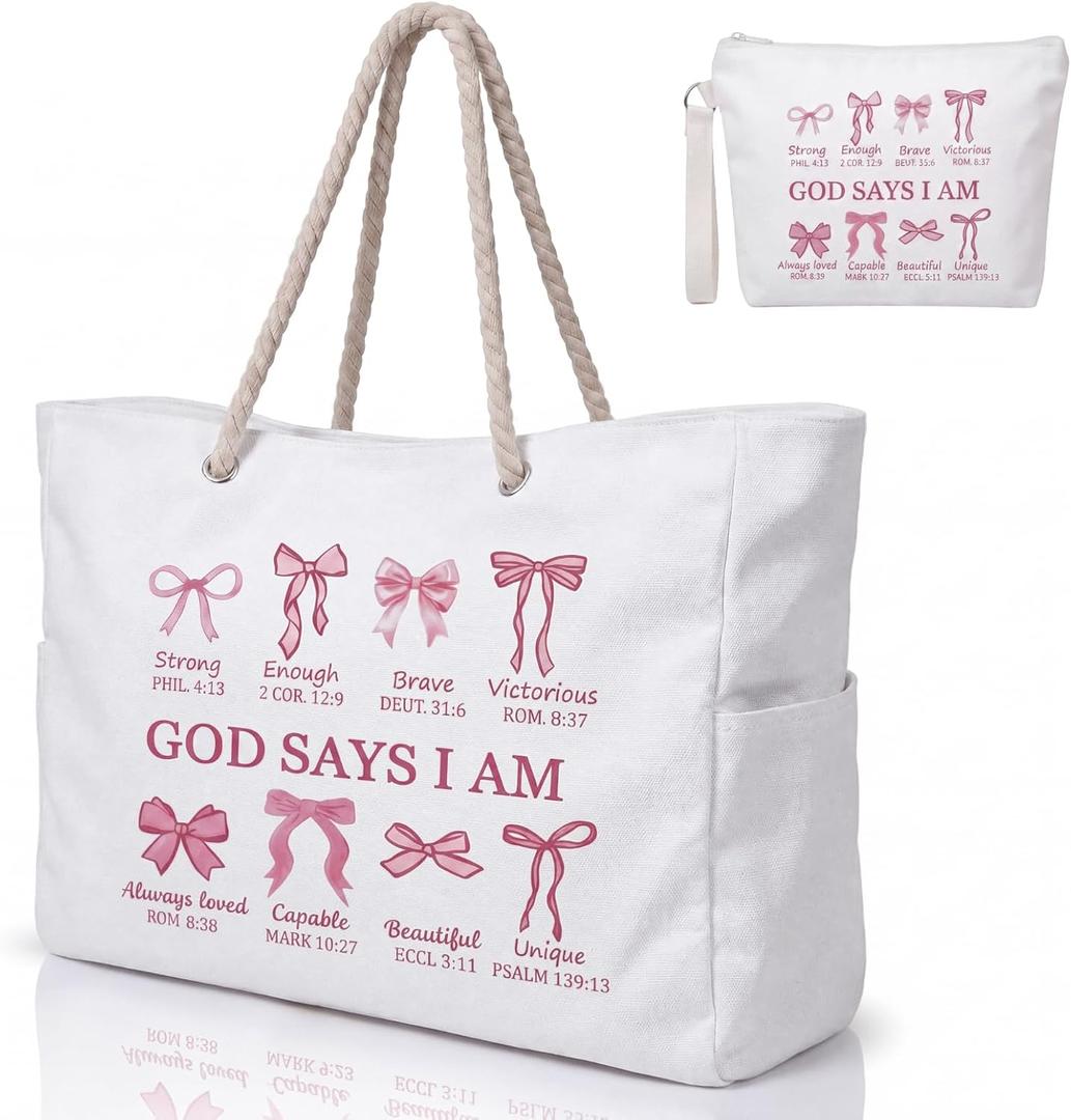 Tallew Beach Bags for Women 2 Pack, God Says I Am Christian Canvas Tote Bag