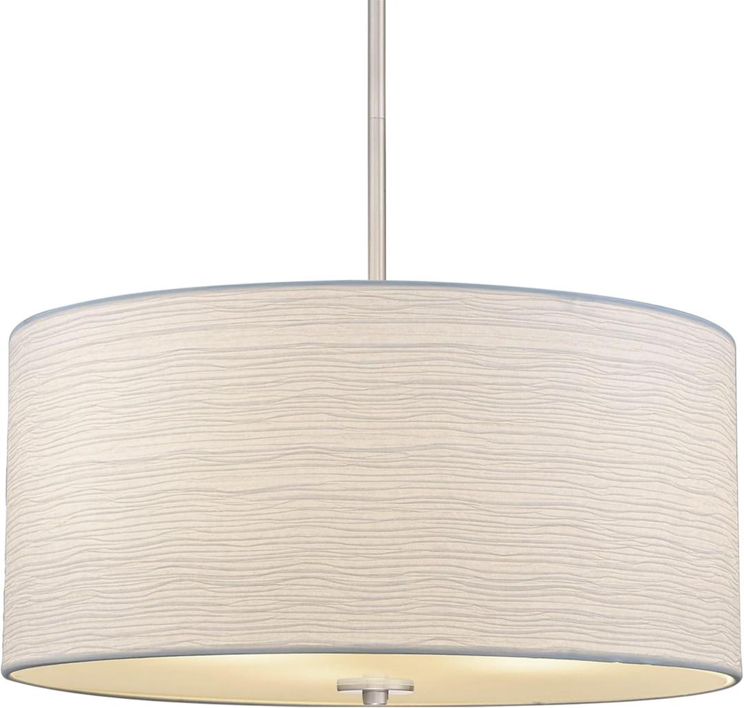 Kira Home Pearl 18" Modern 3-Light Large Drum Pendant Chandelier, White Textured Shade + Glass Diffuser, Adjustable Height, LED Compatible, Brushed Nickel Finish