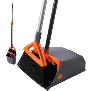 CLEANHOME Heavy Duty Outdoor Broom and Dustpan Set with Long Handle, Standing Dustpan & Split-End Bristles for Patio, Garage, Deck, Leaves Debris Cleaning (Gray)