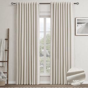 Greyish Beige Linen Blackout Curtains for Bedroom 84 Inch Length 2 Panels Set Back Tab Pocket Neutral Farmhouse Living Room Darkening Curtains Track System Thermal Insulated Black Out Drapes 52x84