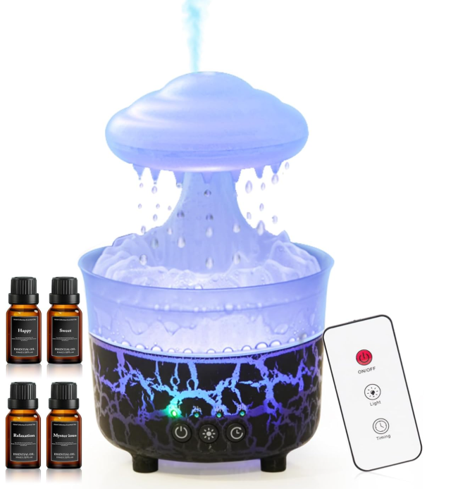 BOHOFAM Aroma Essential Oil Diffuser,Rain Cloud humidifier Simultaneously Water Drip and Air Mist,Rain Diffuser with 4 Hotel Collection Essential Oils for Home,Bedroom,Colorful Light(Black)